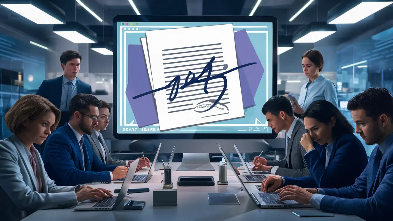 Profissionais focados em laptops e tablets em um escritório moderno, com tela exibindo documento digital com linha de assinatura.